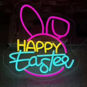 1pc Happy Easter Neon Sign, Easter Bunny LED Neon Sign for Children's Room, Easter Yard Sign for Front Porch Window Lights Bar Home Decor Easter Decoration Cute Easter Gifts For Kids