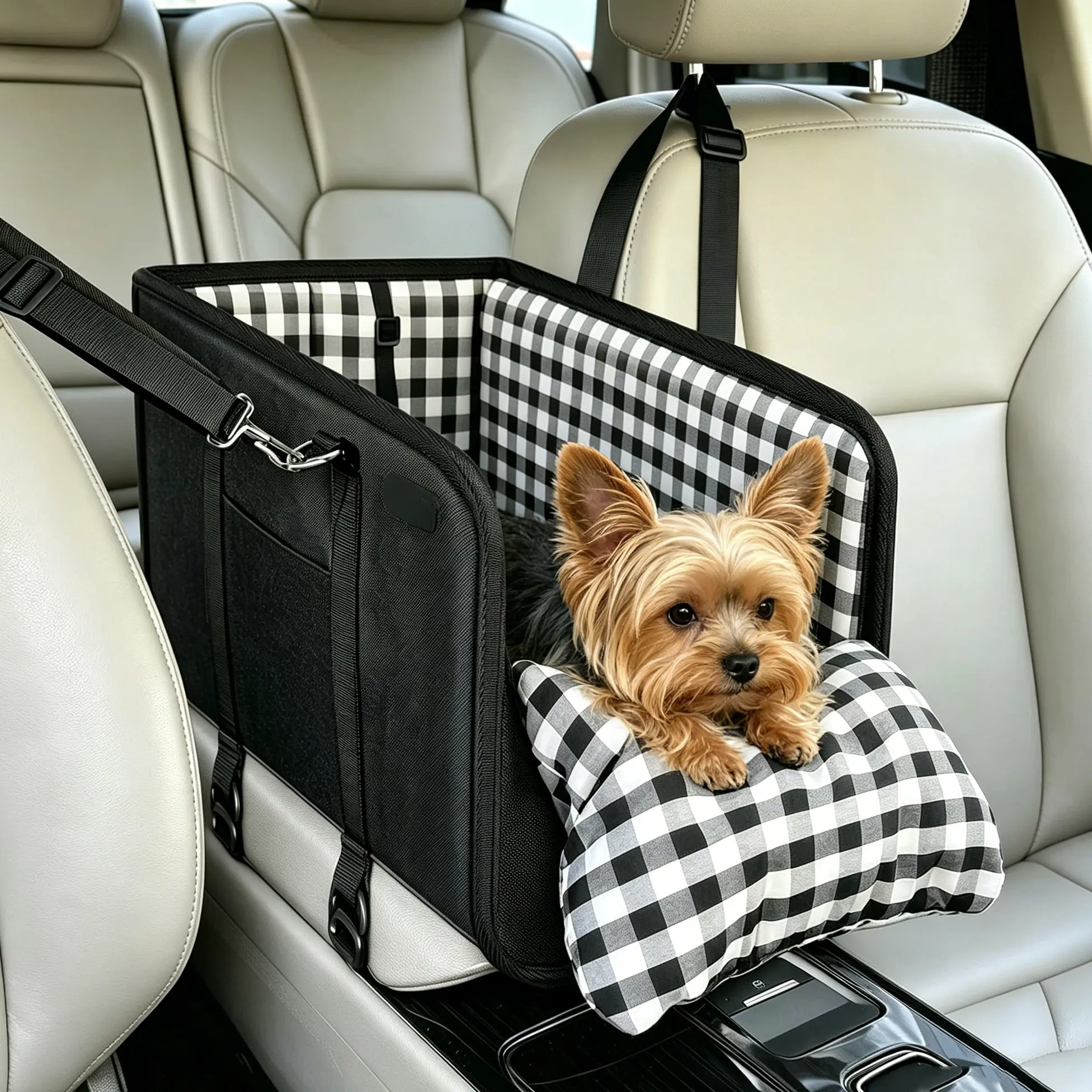 Dog & Cat Car Console Booster Seat - Comforting Secure Armrest Carrier Bag with Buckle, Plaid Cushion, Anti-Escape Tether, Easy-Clean Removable Liner, Leash, Steady Nest for Long Road Trips (Reassuring Hugged Feeling, Supports up to 12 lbs, Toy Breeds)