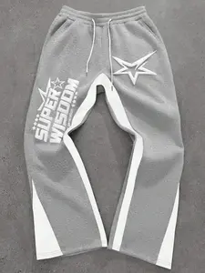 Retro Oversized Star Pattern Flared Sports Pants, Heavyweight Contrast Color Wide-Leg Joggers for Festivals & Street Fashion, Comfortable Loose-Fit Athletic Trousers