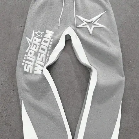 Retro Oversized Star Pattern Flared Sports Pants, Heavyweight Contrast Color Wide-Leg Joggers for Festivals & Street Fashion, Loose-Fit Athletic Trousers, Athleisure Casual Bottoms, Athleisure Style Bottoms