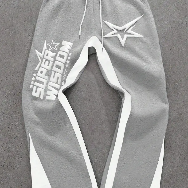 Retro Oversized Star Pattern Flared Sports Pants, Heavyweight Contrast Color Wide-Leg Joggers for Festivals & Street Fashion, Loose-Fit Athletic Trousers, Athleisure Casual Bottoms, Athleisure Style Bottoms