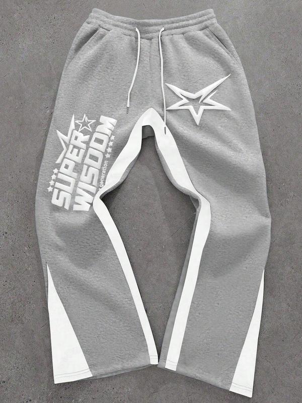 Retro Oversized Star Pattern Flared Sports Pants, Heavyweight Contrast Color Wide-Leg Joggers for Festivals & Street Fashion, Comfortable Loose-Fit Athletic Trousers
