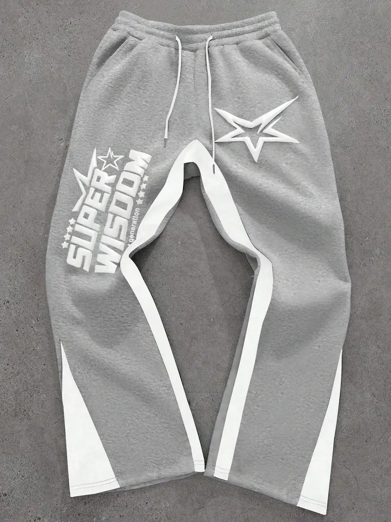 Retro Oversized Star Pattern Flared Sports Pants, Heavyweight Contrast Color Wide-Leg Joggers for Festivals & Street Fashion, Comfortable Loose-Fit Athletic Trousers