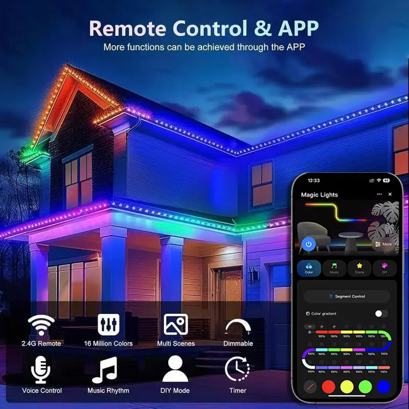Outdoor RGB Eaves Patio LED String Lights - Permanent Outdoor Landscape Lighting, IP67 Water Resistant, 56ft/105ft, 16M Colors, 63 Modes, APP & Voice Control, Low Voltage, Adjustable, Customizable Scenes, ABS+PS, All Seasons Garden/Party Decor