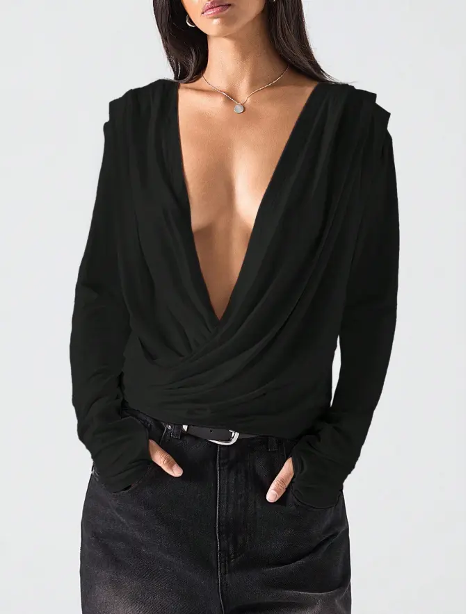Ember x [FS] Women's Solid Color Long Sleeve Plunging Neck Fashionable Versatile Sexy Top