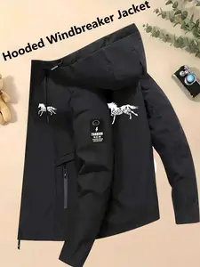 Women's Stylish Hooded Windbreaker Jacket Front-Back Floral Horse Silhouette Print Bohemian Lightweight Yet Cozy Windproof Water-Resistant Breathable Versatile for Young Ladies Daily Commute Leisure Outings in Spring Autumn Winter