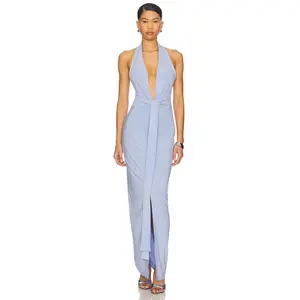 Norma Kamali x REVOLVE Tie Front Halter Gown in Celestial Blue