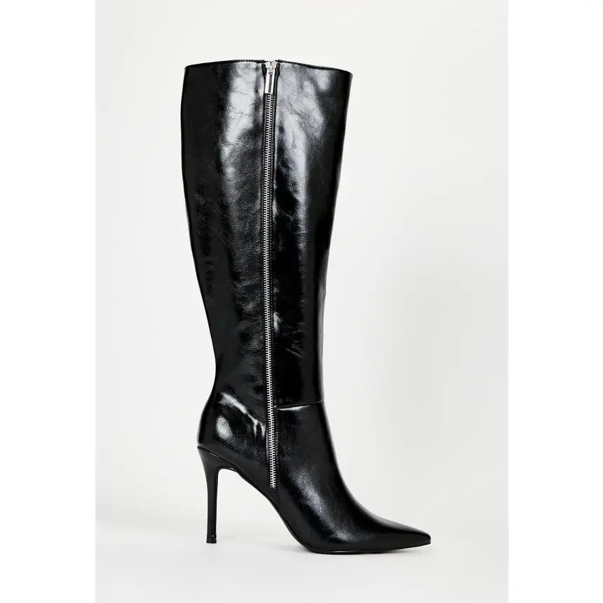 JUSTFAB Women’s Knee-High Boots, Pointed Toe Stiletto Heels with Glossy Crinkle Faux Leather, 4" Heels & Side Zipper, Statement Dress Boots for Party & Night Out