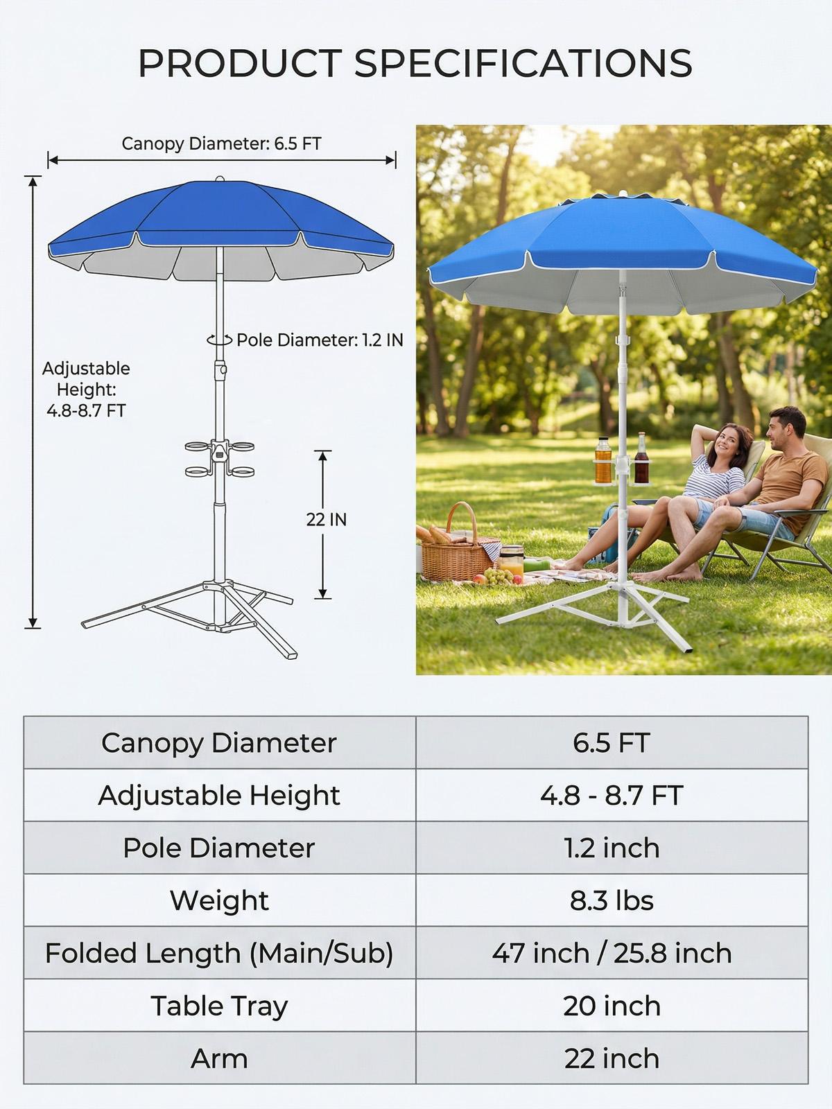 Portable Umbrella with Stand, UPF 50+ Sports Sun Shade Umbrella with Carry Bag, Hook and Cup Holders, Adjustable Instant Sun Protection for Sports, Beach, Royal Blue, Fishing