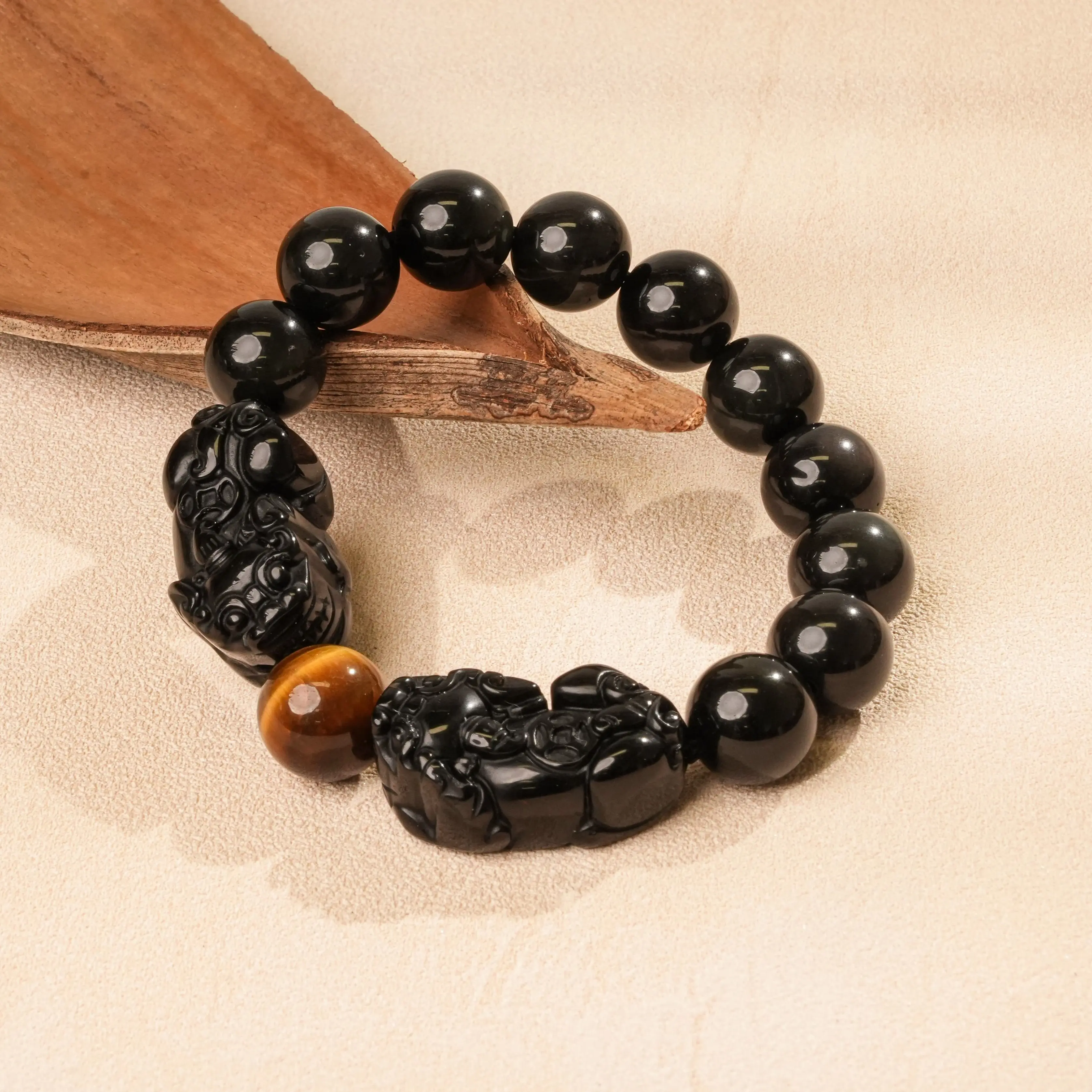 LUMAWU 14mm Natural Black Obsidian Double Pixiu Energy Crystals Bracelet - Adjustable Carved Center Beaded Jewelry, Exquisite High Quality Fashionable Bracelet Style Daily Wear Accessory