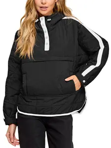 Aswulk Women's Oversized Puffer Pullover Jacket Quilted Color Block Puffy Hooded Coat Packable Fall Hoodies Outerwear with Pockets Black