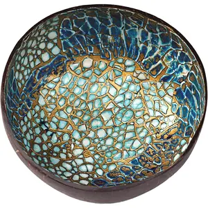 Coconut Bowl with Mother of  Inlays - Key Bowl & Fruit Snack Holder (Blue-)