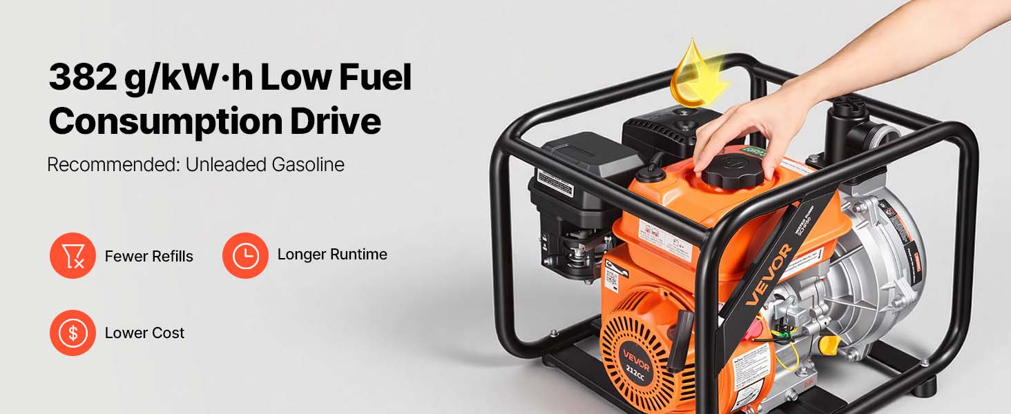 【Summerfinds】VEVOR 3-in Gas Powered Semi-Trash Water Transfer Pump, 7 HP Power, 264 GPM, Cast Iron Impeller, Heavy Duty Frame, 25 ft Discharge Hose, Anti-Vibration Pads, for Ponds, Drainage, Floodwater