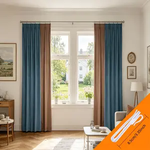 2pcs Blue Coffee Color Block Pleated Blackout Curtains, Modern Minimalist Bedroom Window Treatments, Light Blocking Drapes