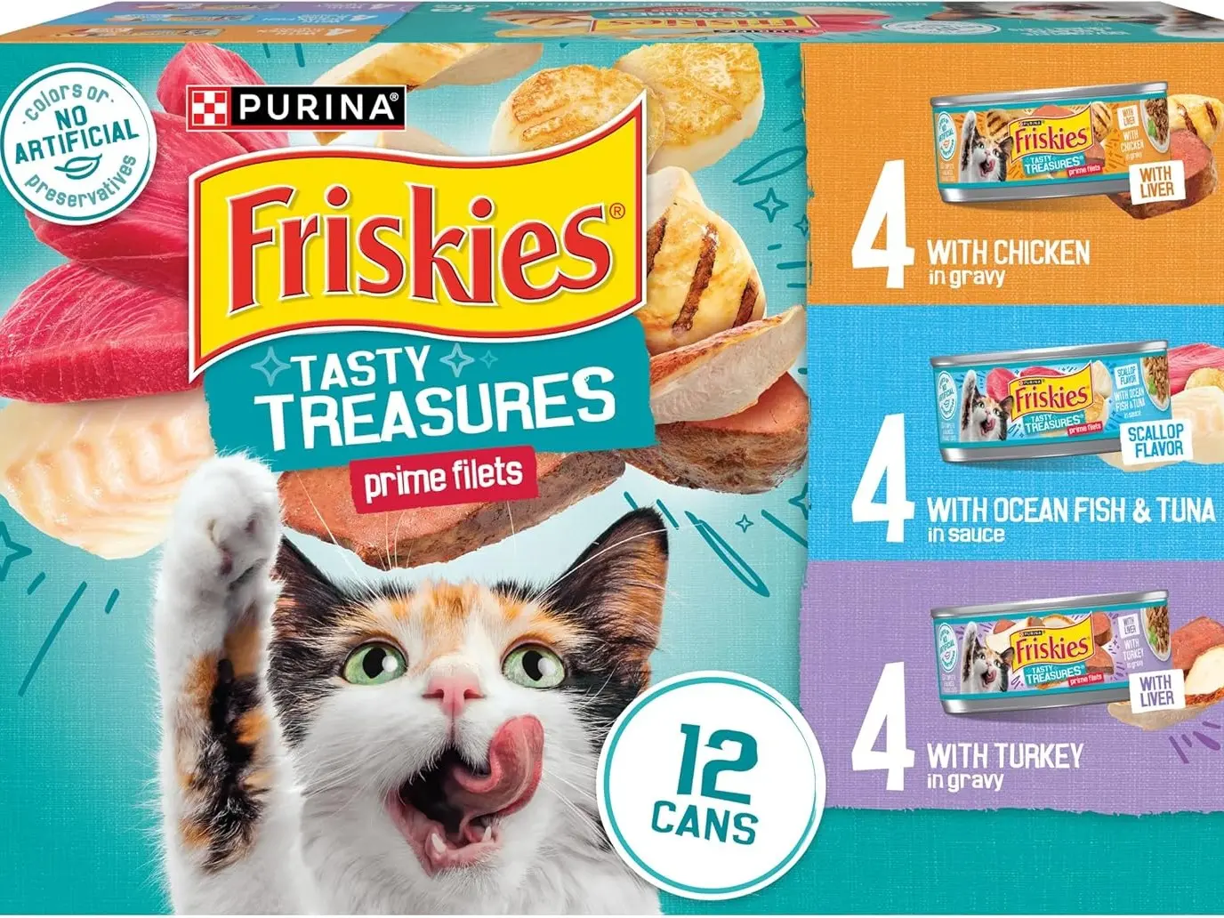 Purina Friskies Tasty Treasures Prime Filets Wet Cat Food Variety Pack - 5.5 oz, 12-Pack (Ocean Fish & Tuna, Chicken, Turkey Flavors)