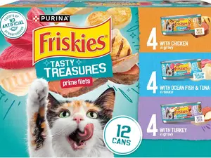 Purina Friskies Wet Cat Food Variety Pack, Tasty Treasures Prime Filets - 5.5 oz, 12-Pack (Ocean Fish & Tuna, Chicken, Turkey Flavors)