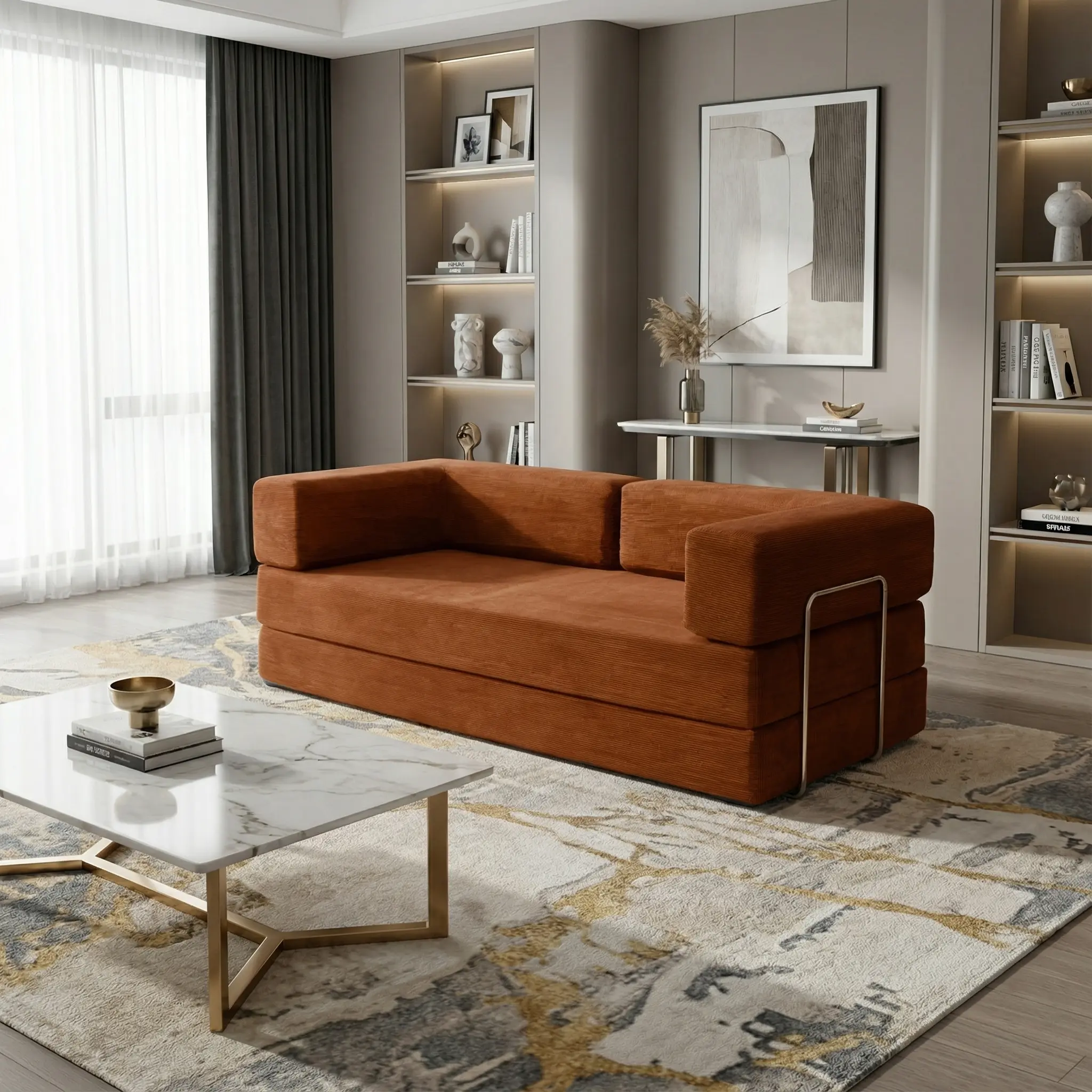 78.8" Oversized Modular Sectional Velvet Fabric Large Couch Bed - Convertible Floor Sofa, Adjustable Arms, Pre-Assembled, Comfy Multi-Functional, Pet-Friendly, Flexible Configuration, Vacuum-Sealed Compression, Affordable Living Room/Apartment Furniture