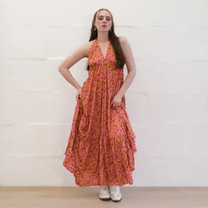 Boho Goddess Backless Maxi Dress , Flowy Celestial Paisley Peacock Print Summer Maxi Dress, Whimsical Bohemian Halter Dress