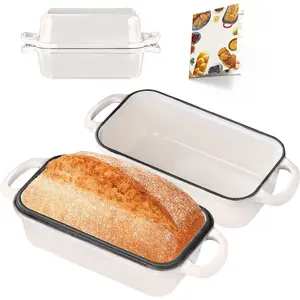 Cast Iron Bread Loaf Pan with Lid, Loaf Pans for Baking Bread 9x5, Enameled Bread Pans for Homemade Bread, Sourdough, Set of 2, Cream
