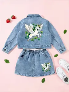 New Girl's Denim Jacket + Short Skirt Set, Unicorn Dream Pattern, Fashion Two-Piece, Sweet Cool Street Style, Comfortable and Trendy, Fashion Style Sets
