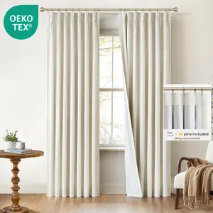 INOVADAY Pinch Pleated Curtains, 2 Panels Full Blackout Curtains, Linen Pleated Blackout Drapes For Bedroom, Thermal Black Out Pinch Pleat Drapes with Hooks