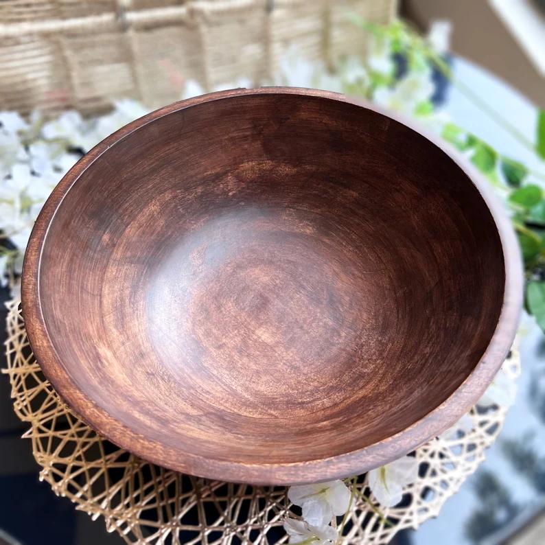 Large Walnut Wood Round Bowl, Salad Bowl, Natural Handmade Wooden Bowl, Mid Century Modern Wooden Bowl for Salads or Fruits, New Home Gift