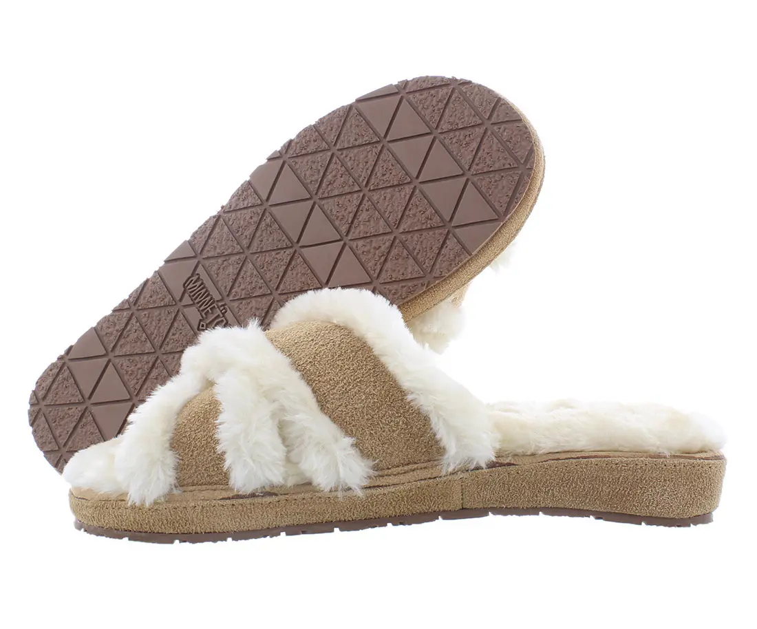 Minnetonka Women's Begonia Crossband Slides, Plush Faux Fur Open Toe Sandals with a Comfortable Flatform Sole, Footwear, Flipflop