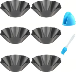 6 Pack Large Non-Stick Carbon Steel Tortilla Pan Set - Black Baking Pans for Making Taco Salad Bowl Tortilla Shell, Comes with Silicone Potholder and Basting Brush