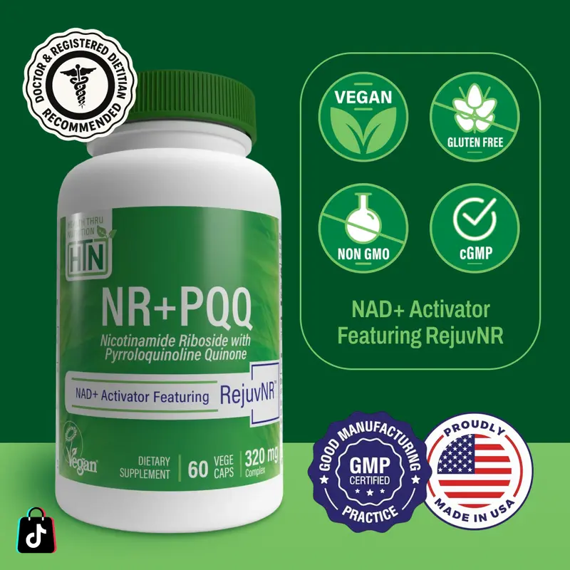 Health Thru Nutrition NR+PQQ for Energy & Anti-Aging 300mg NR + 20mg PQQ NAD+ Booster Vegan 60 Caps Antioxidant Supplement