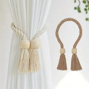 4pcs Magnetic Simple Wooden Curtain Tiebacks with Tassel Curtain Buckle Holdback Interior Decoration Accessories Home Decoration Curtain