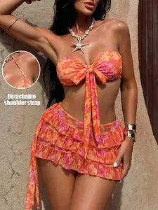 New Three-Piece Set, Dual-Wear Halter Top with Butterfly Knot, Detachable Straps, Ruffled, Printed Leopard Pattern, Casual All-Season Wear, Beach, Womenswear