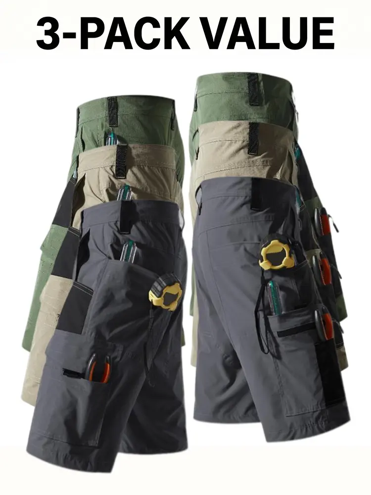 Men's Plain Loose Multi-Functional Cargo Shorts - Wear-Resistant, Pocketed, Mid-Knee Length, Suitable for Construction Sites, Outdoor Activities