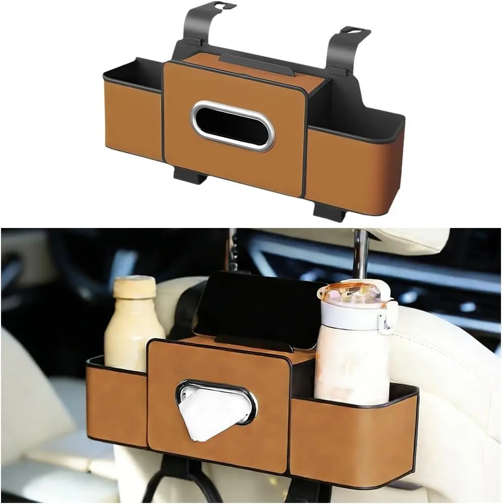 Car Headrest Backseat Organizer - 4-in-1 Plastic Multifunctional Car Accessory for Commuters, 12.8×3.35×4.53 Inches Easy-to-Clean Storage Box with Drink Holder, Tissue Holder, Universal Automotive Fit