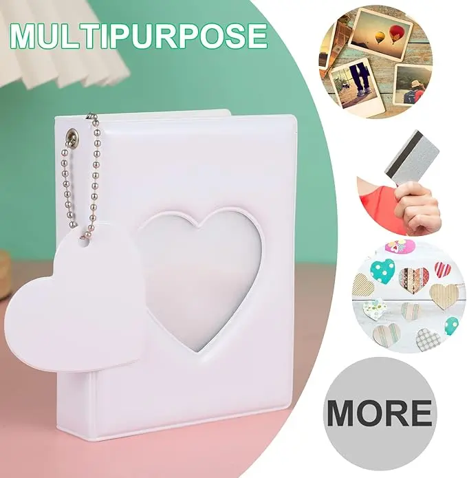 3 Inch Kpop Photocard Holder Book,Mini Photo Album Mirror-Like Photocard Binder,Small Photo Card Book Love Heart Hollow Photocard ID Holder with Love Heart Pendant 32 Pockets (White)