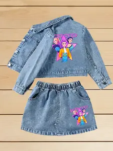 Girls' Cartoon Print Denim Jacket and Short Skirt Set, 1-8 Years, ideal gift for girls, popular Fashion Kpop girls Hunter Design, Spring & Fall&summer, Stylish Holiday Outfits for Kids Spring Break Vibes, Clothing Sets