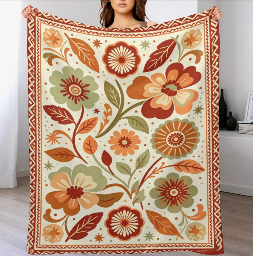 Boho Vintage Floral Leaf Throw Blanket, Retro Terracotta Flower Geometric Border Print Soft Flannel Blanket, Aesthetic Farmhouse Home Sofa Bed Decor Blanket