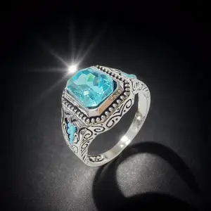 Art Deco Square Aquamarine Zircon Ring 18K Gold Plated Hypoallergenic Steampunk Engraved Edge Tarnish-Free Wedding Engagement Jewelry Festival Gift Vacation Stacking Party Essentials