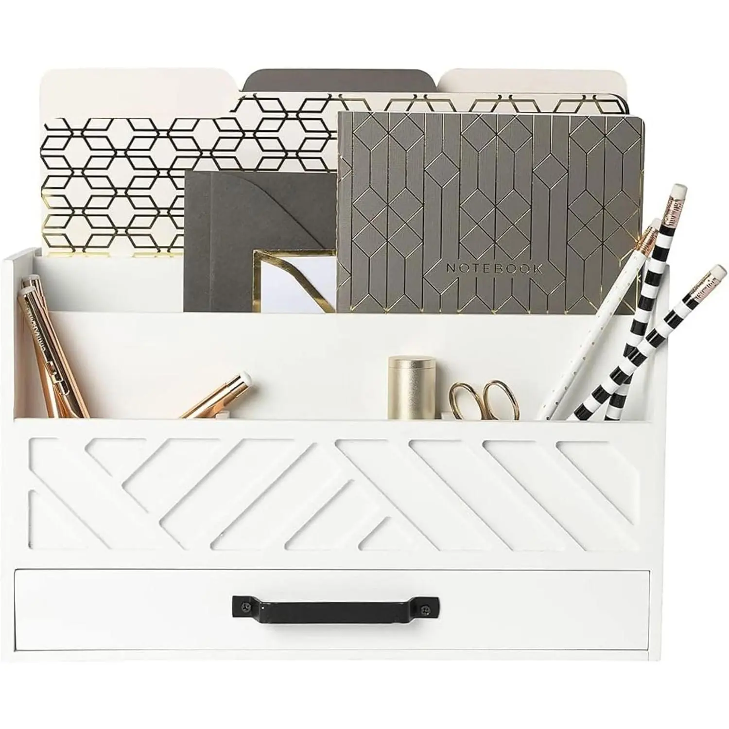 Mail Organizer Countertop Kitchen - White  Desk Storage with Drawer - Mail Sorter or Bill Holder for Desk - Farmhouse Accessories & Mail Basket for Counter