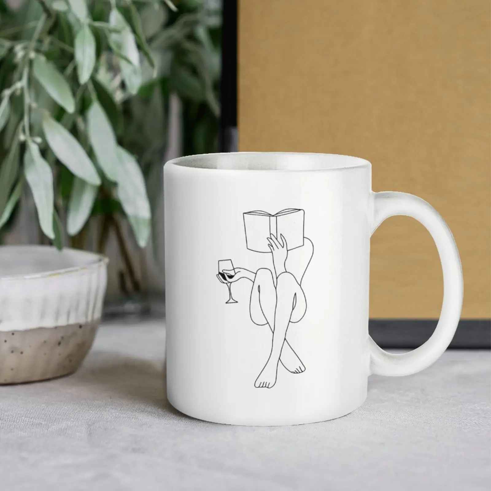 Minimalist Book Lover Mug, Woman Reading Line Art Ceramic Cup For Readers Gift