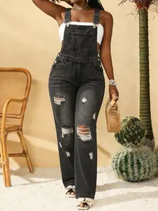 Women's Non-Stretch Denim Harem Overalls, Fashion Casual Overalls, Black Gray Ripped Bib Pants with Adjustable Straps, Casual Loose Fit Jumpsuit, Vintage Street Style for Daily Wear, Travel, Casual Occasions, Spring Summer Fall, Womenswear