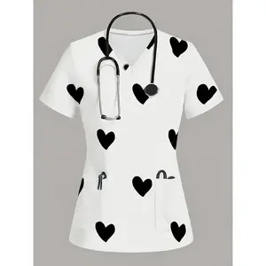 Women'S Scrub Top - Breathable V-Neck Short Sleeve with Heart Pattern, Pockets & Elastic Waistband - Casual Comfort for Healthcare Professionals, All-Season Wear, Professional Attire, Comfortable Fit, Scrubs, Healthcare Professionals