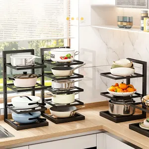 1pc Height Adjustable Three/Four Tier Pot Rack, Storage Rack, Adjustable Metal Shelf, Adjustable Metal Racks, Under Sink Kitchen Pot Storage, Multi-Tier Household Cabinet Rack, Pot Hanger Kitchen, Pot Organizers And Storage