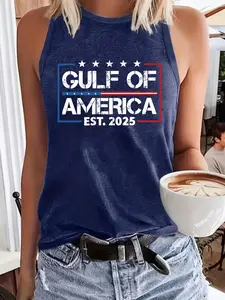 Women's "Gulf of America" Print Round Neck Tank Top, Casual Sleeveless Top for Summer, Women's Top for Daily Wear, Socks