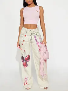 Cherry On Top Printed Wide Leg Jeans - Ivory