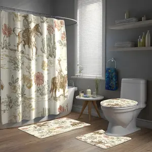 Western Cowboy Rose Bathroom Accessories Set, Includes Shower Curtain, Toilet Seat Cover, Rug, Complete Home Bathroom Decor Kit