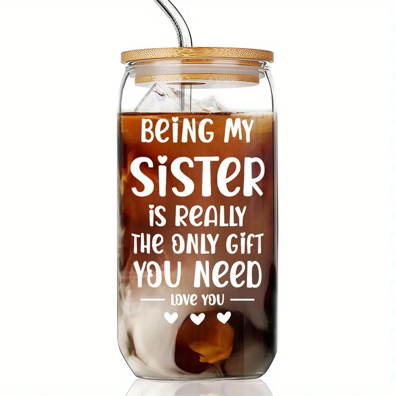 Gift Set for Sisters, Sister Birthday Gift, Funny Valentine's Day Gift for Sisters, 16oz Glass Jar, Glass Water Cup, Glass Beverage Cups, Drinkware Glass, Drinking Glassware, Glass Drinking Cup, Perfect Gift for Siblings