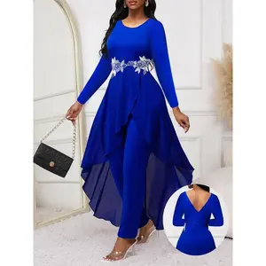 Elegant women’s jumpsuit, fashionable long-sleeved jumpsuit, slim-fit jumpsuit, Eid al-Fitr outdoor party outfit, simple color-block lace stitching, asymmetrical hem, elegant vest jumpsuit, suitable for all seasons, GARMENTARY