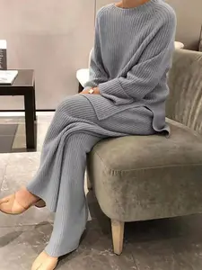 Full Size Ribbed Knit Relaxed Fit Top and Pants Sweater Set Plus Size