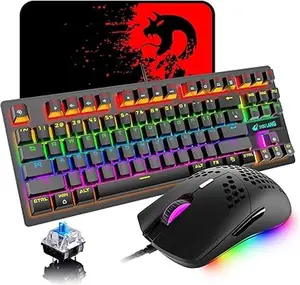 MAMBASNAKE K2 Mechanical Gaming Keyboard,Blue Switch Mini 82 Keys Wired Rainbow LED Backlit Keyboard,Lightweight Gaming Mouse combo 6400DPI Honeycomb Optical for MAC PC Gamers(Black)