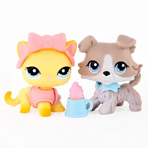 2 Pcs Cute Mini Animal Figurines Set, Yellow Kitten with Pink Bow & Collie Puppy with Neckerchief, Small Pet Figures with Cup Accessory, Collectible Mini Toys, Cake Topper & Kids Birthday Gift
